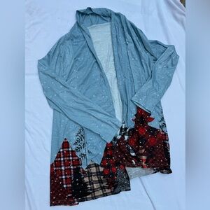 Plaid and Tree Print Open Cardigan